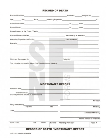 Record of Death/Mortician's Receipt: SNF-1014 (1)