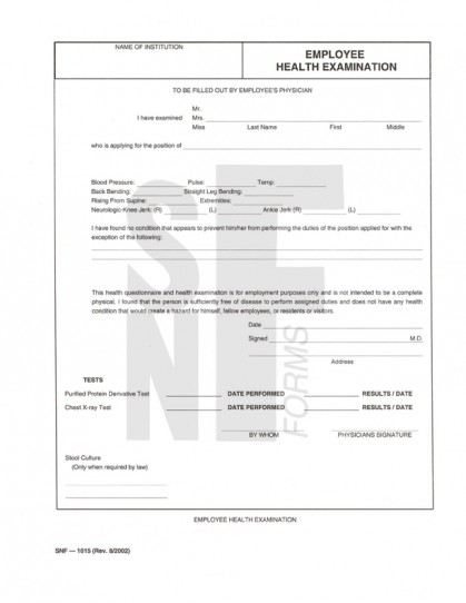 Employee's Health Questionnaire & Exam: SNF-1015 (1)