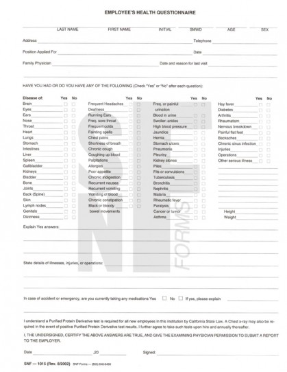 Employee's Health Questionnaire & Exam: SNF-1015 (2)